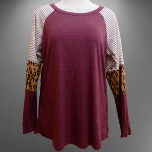 Long Sleeve Tee Size M Burgundy, Leopard Print, White, Striped